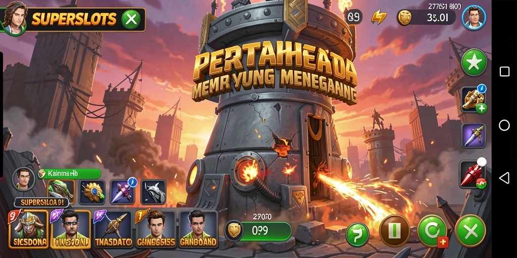 Tampilan gameplay menegangkan dari SUPERSLOTS sebagai game Tower Defense.