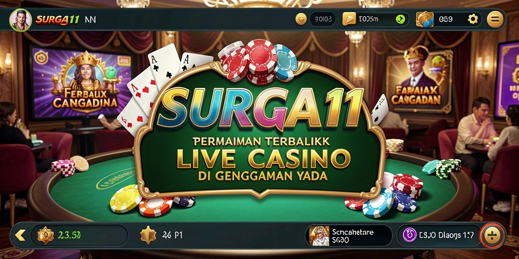 Tampilan gameplay SURGA11 dengan dealer dan pemain di meja kasino live.